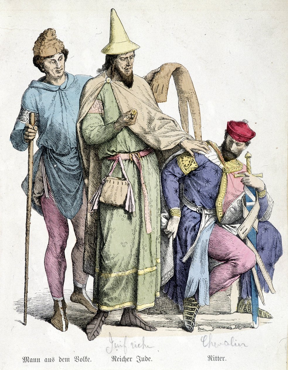 1000-tallsdrakter: Mannen med stokken, den rike jøden og ridderen. Gravering fra 1800-tallet. av Unknown artist