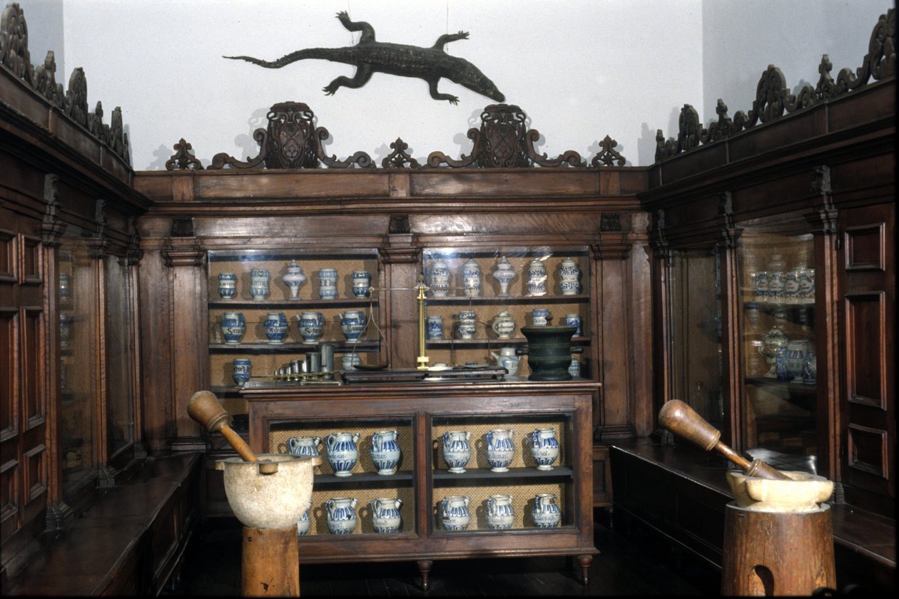 Apotek fra 1600-tallet, vaser, potter, mørtler... Museum for vitenskap og teknologi, Milano. av Unknown artist