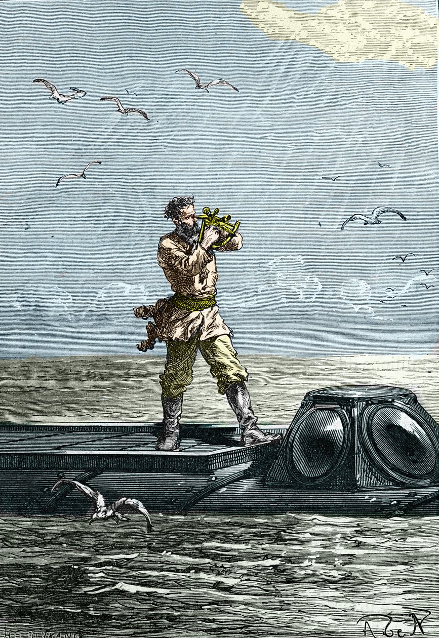 20 000 ligaer under havet. Kaptein Nemo på ubåten "Nautilus". Illustrasjon fra romanen av Jules Verne "Tjue tusen ligaer under havet" (tjue tusen - 20 000 - 20 000) av Unknown artist