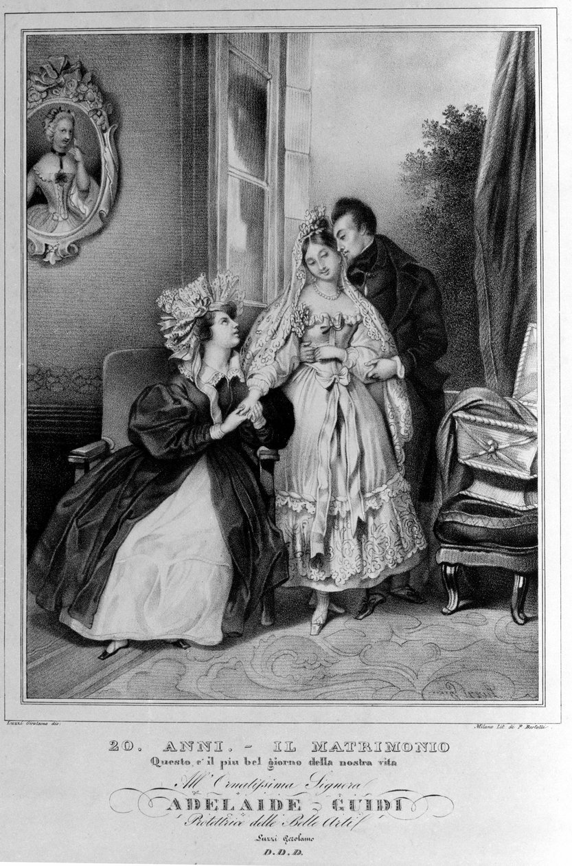 20 år: ekteskap. Representasjon av et par nygifte. Litografi fra 1800-tallet. av Unknown artist
