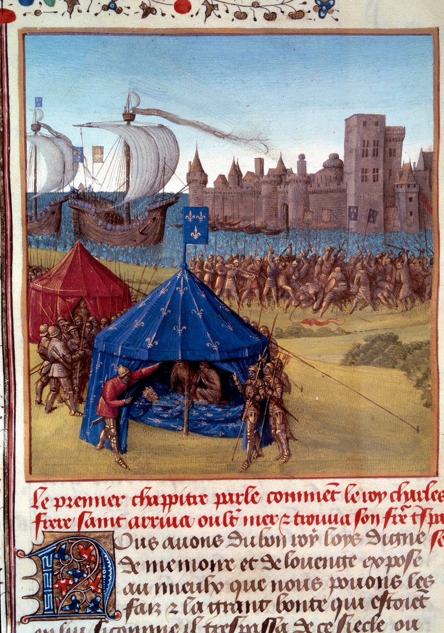 8. korstog: Døden til Saint Louis (Louis IX) (1214/1215-1270) fra pesten i Tunis. Miniatyr hentet fra "" Le livre des faits de Monseigneur Saint Louis""" Paris fra 1400-tallet, B.N. av Unknown artist