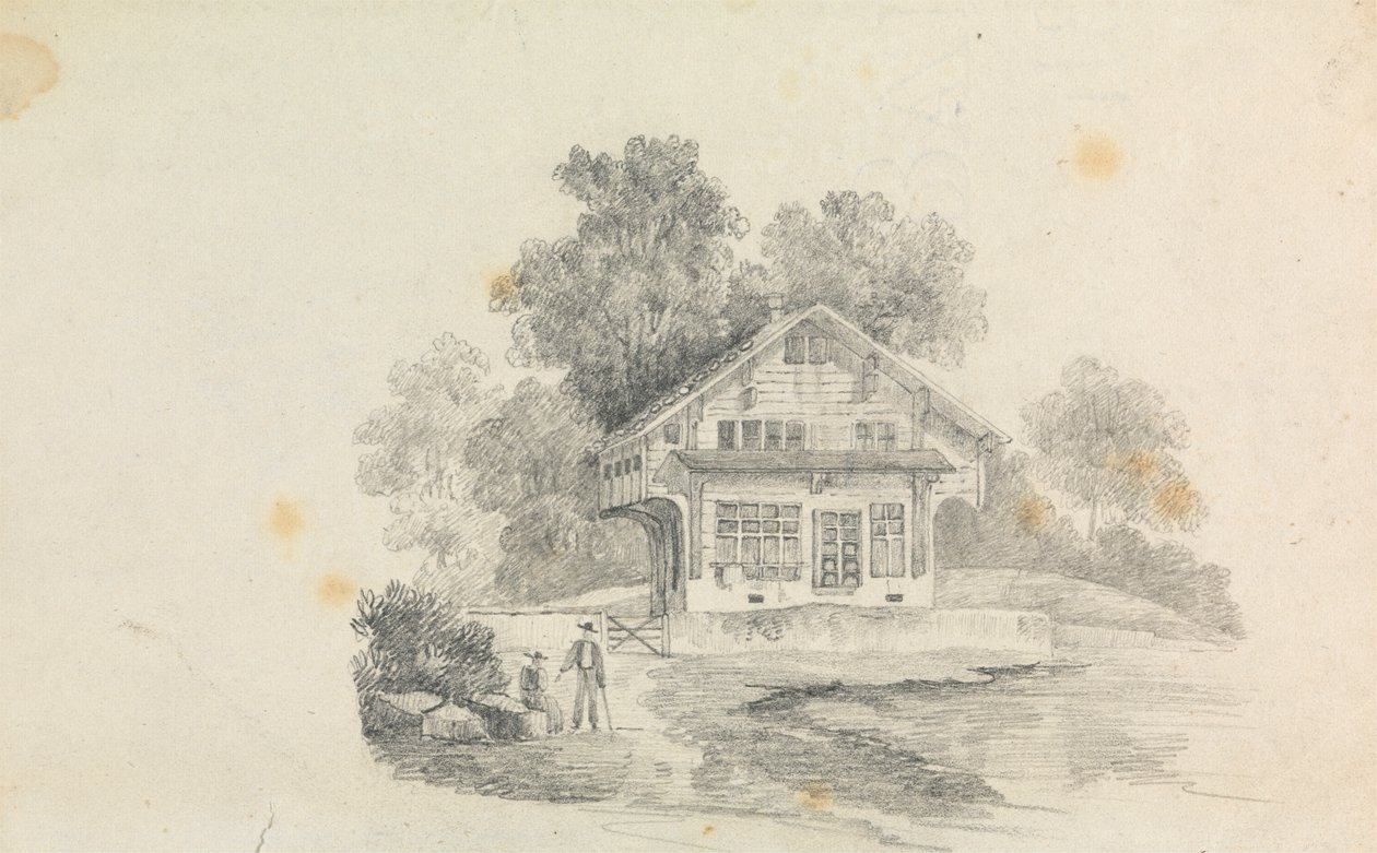 En hytte med to figurer foran av Unknown artist