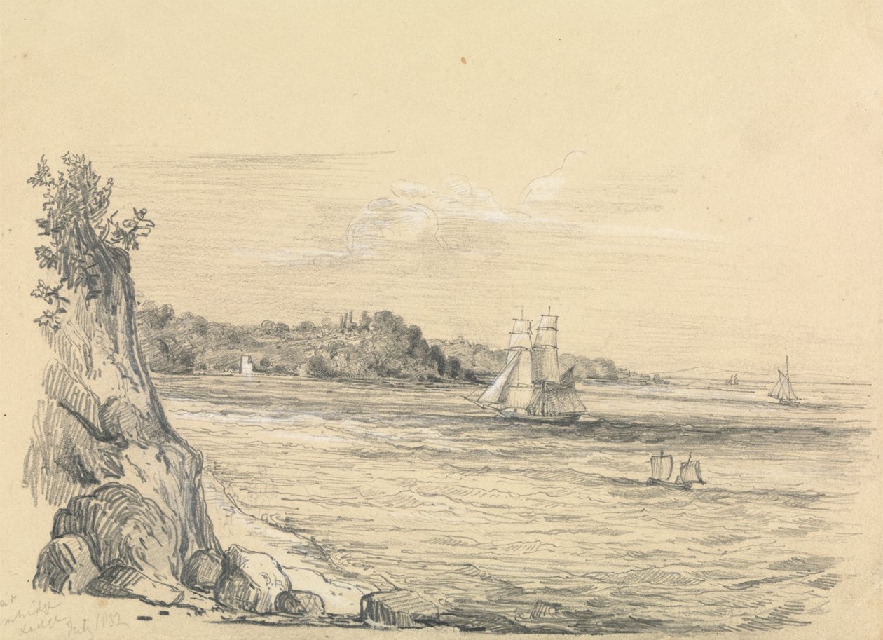 En kystlinje med skip til sjøs av Unknown artist