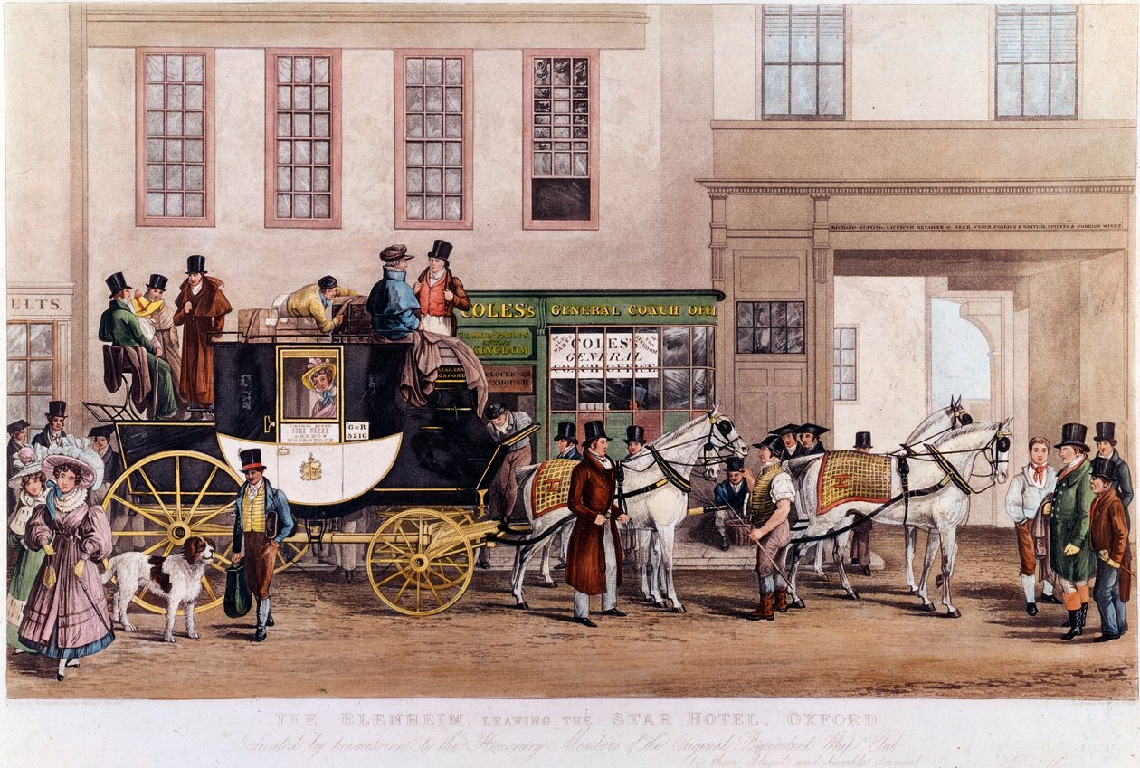 A Diligence in front of the Star Hotel”” i Oxford i 1831”” Gravering fra 1800-tallet. av Unknown artist