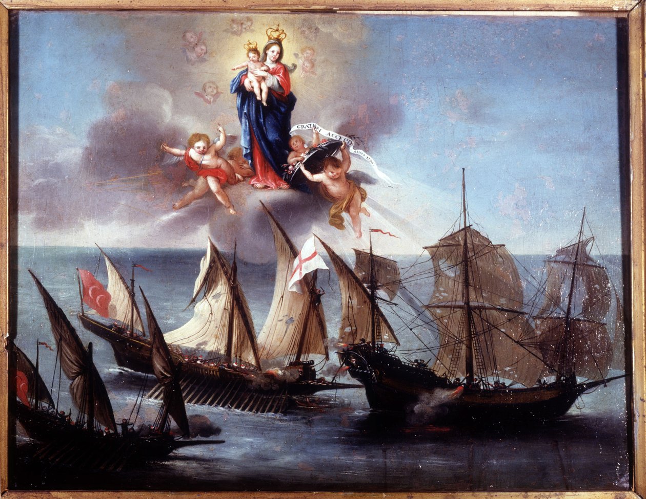 En Genova-båt angrepet av en galiot og en barbarisk halvbysse. Ex-voto 1796. Sjømuseet i Genova-Pegli. av Unknown artist