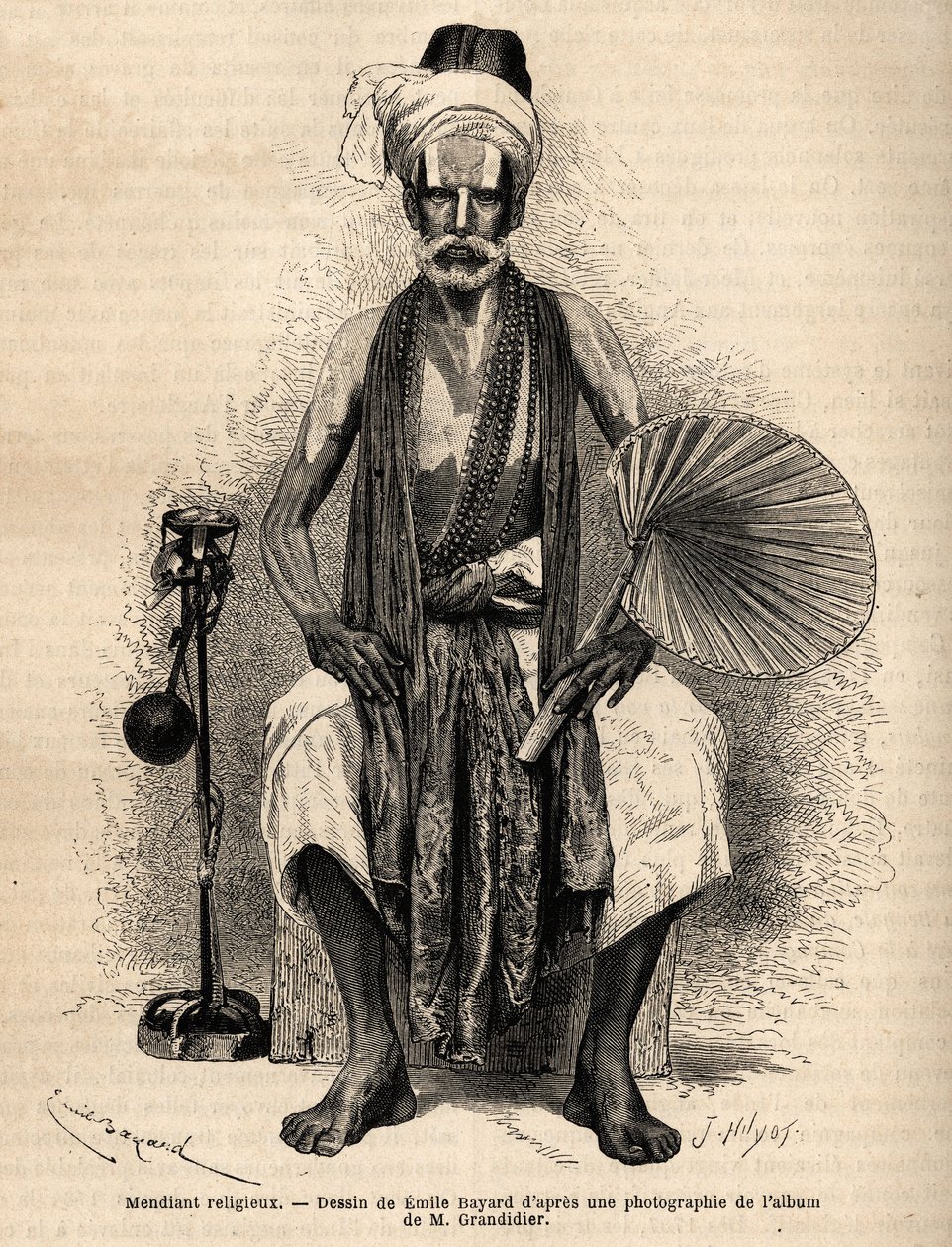 En hinduistisk religiøs tigger. Gravering for å illustrere reisen i meridionalprovinsene i India, av Alfred Grandidier, i 1862-1864, publisert i "" Le tour du monde""" 1869, redigert av Edouard Charton, utgave Hachette, Paris. Selva samling. av Unknown artist