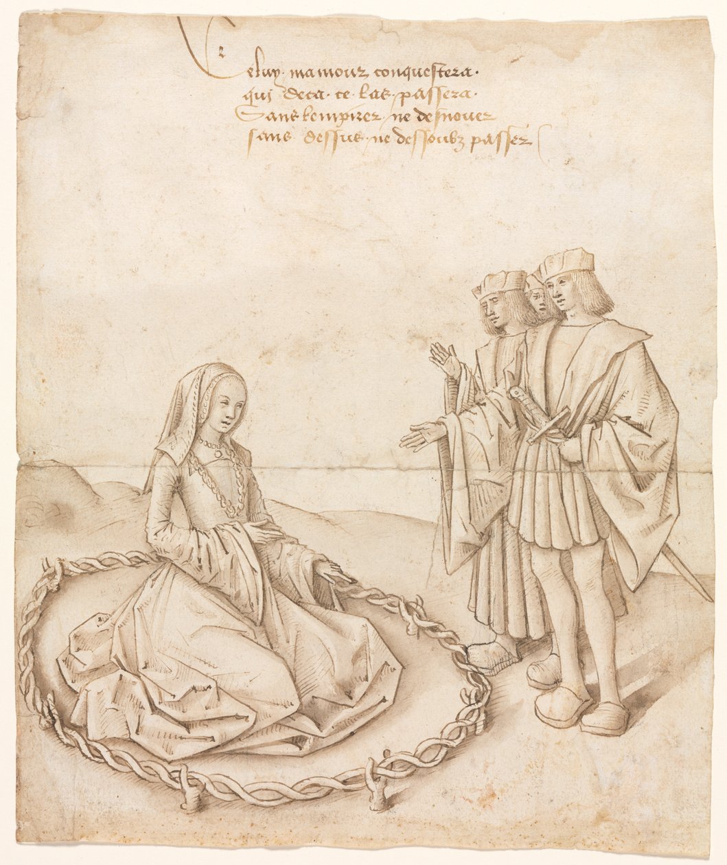 En dame med tre friere av Unknown artist