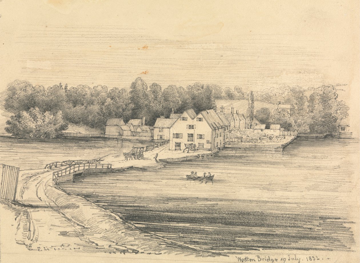 En stor gård ved en innsjø av Unknown artist