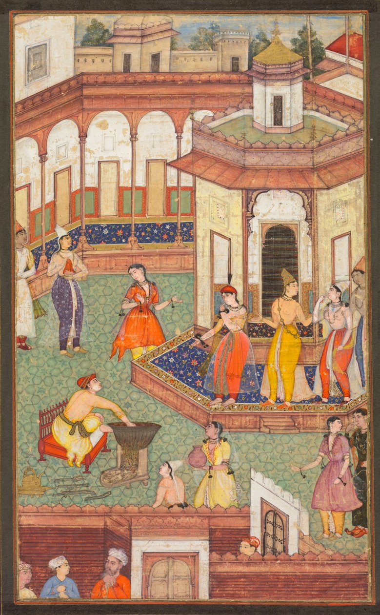 En mann dypper hånden i en gryte mens Ladies of the Harem står i forbløffelse: En side fra et manuskript av religionshistorie av Unknown artist