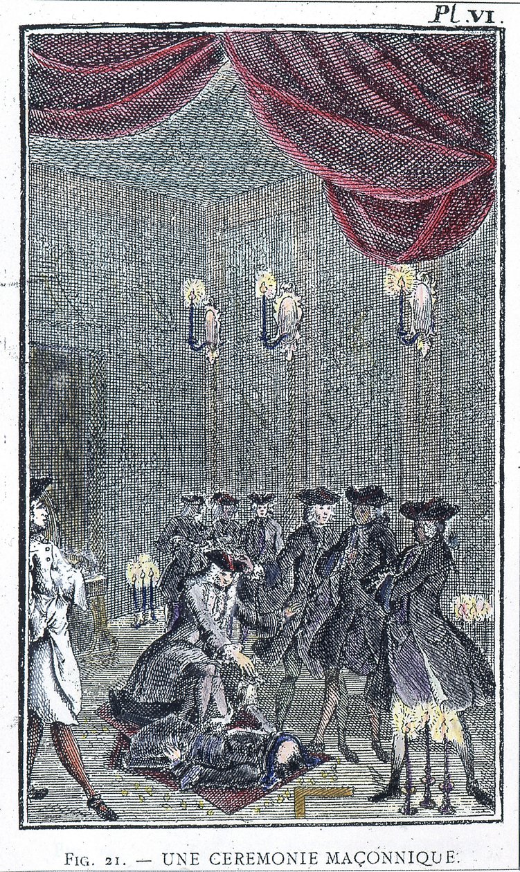 En frimurerseremoni - basert på en gravering fra samlingen "Order of the Betrayed Freemasons" av pater Perau av Unknown artist