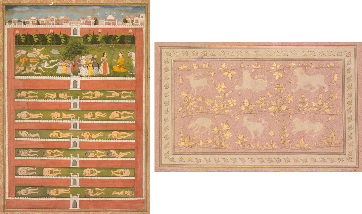 A Princess and Demons before a Nobleman: A Leaf from a Poetical Romance Relating to Shah Alam I (recto); Stensilerte scener av løve og gaselle (verso) av Unknown artist