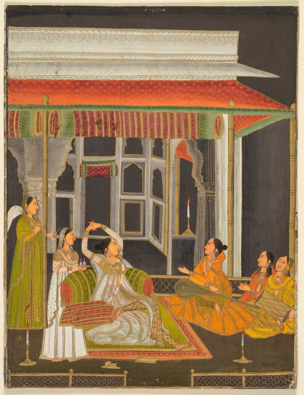 En prinsesse på en terrasse med ledsagere om natten (recto) av Unknown artist