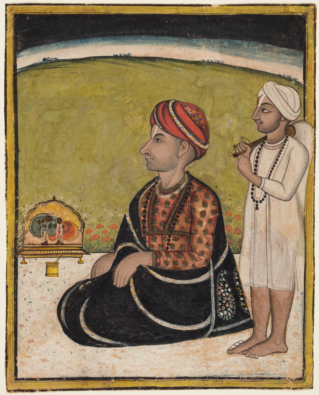 En hersker som sitter på en terrasse og tilber ved en helligdom for Radha og Krishna av Unknown artist