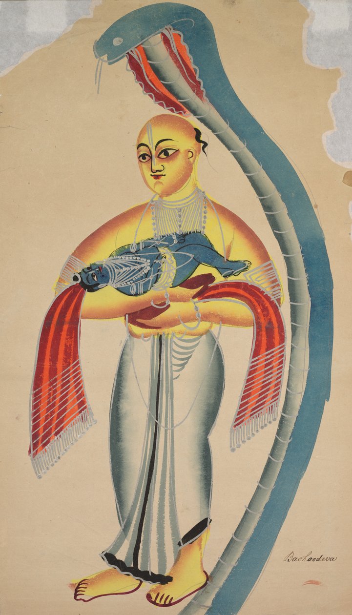 En slange beskytter Vasudeva og tar sin spedbarnssønn Krishna i sikkerhet av Unknown artist