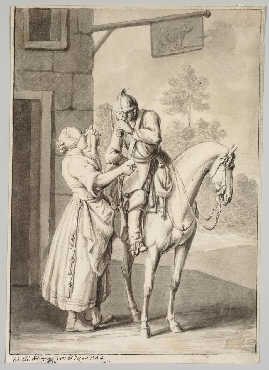 En soldat i rustning foran en taverna av Unknown artist