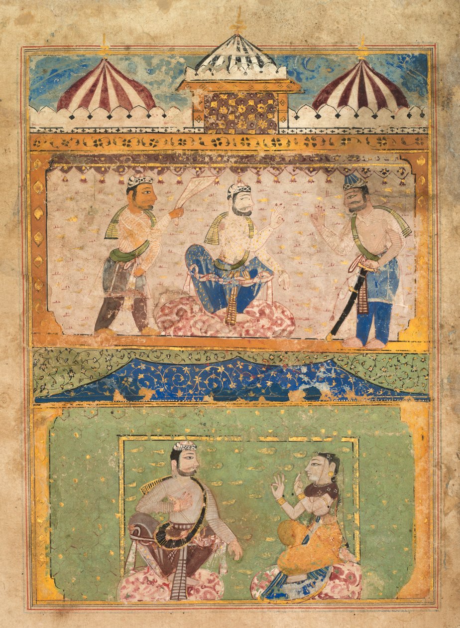 En reisende overtaler Lorik til å vende hjem (øverst); Chanda Objects (nederst), fra en Chandayana (Story of Chanda) av Unknown artist