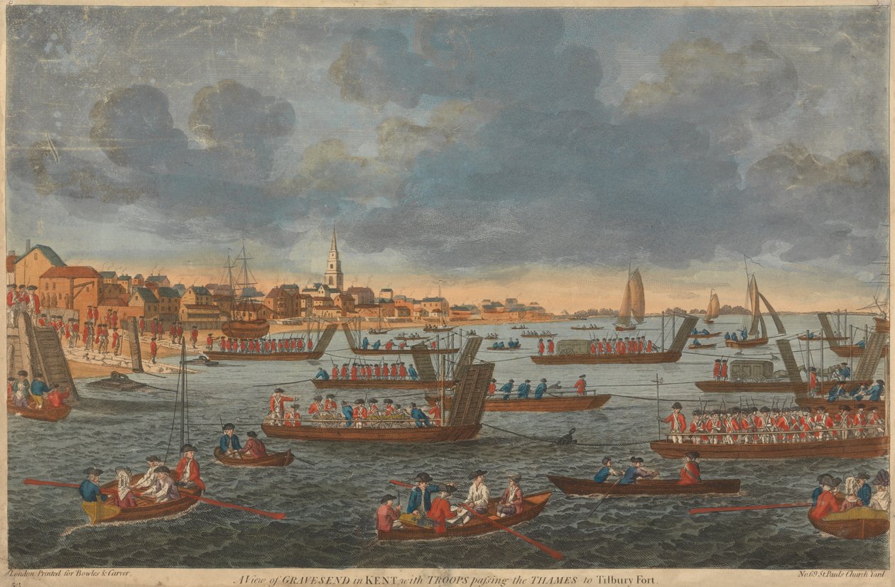 En utsikt over Gravesend i Kent, med tropper som passerer Themsen til Tilbury Fort av Unknown artist