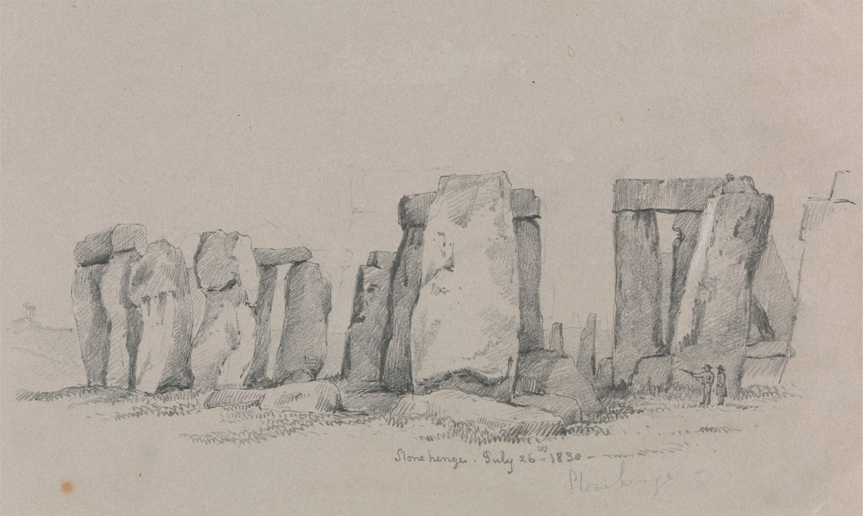 En utsikt over Stonehenge med to figurer i forgrunnen av Unknown artist