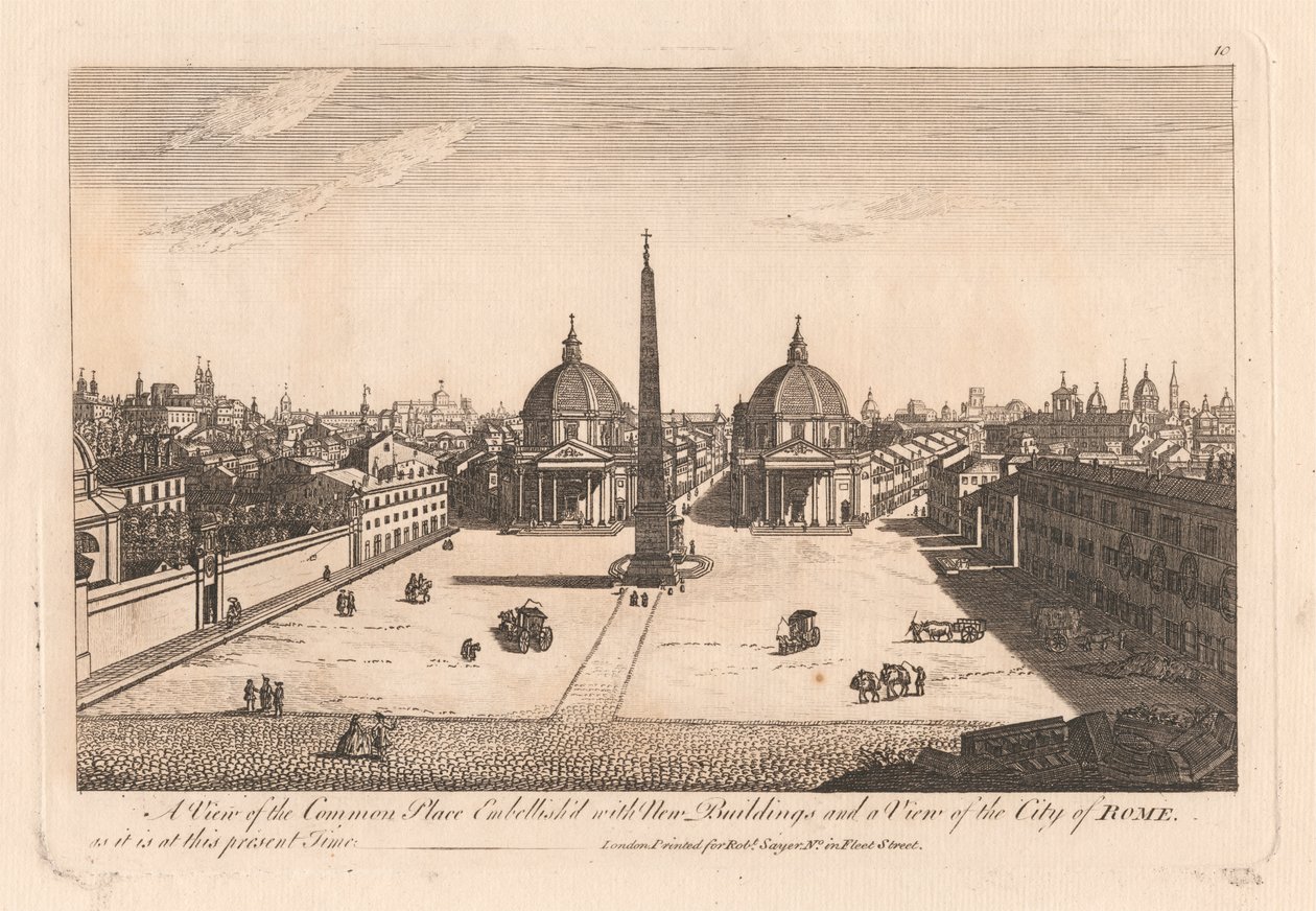 En utsikt over fellesplassen pyntet med nye bygninger og en utsikt over byen Roma slik den er nå. av Unknown artist