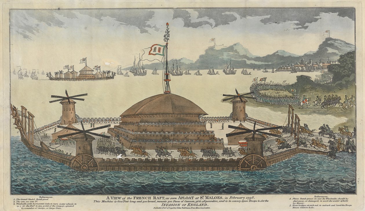 En utsikt over den franske flåten, som sett flytende ved St. Maloes, i februar 1798. Maskinen er 600 fot lang og 300 bred, monterer 500 stykker kanon, 36 og 48 pund, og skal transportere 15 000 tropper og for invasjonen av England. av Unknown artist