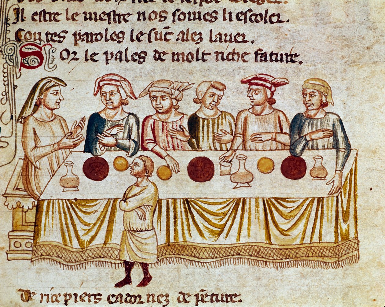 En bankettscene: en konge og hans gjester Miniatyr fra "" Entrree of Spain"". Venezia fra 1300-tallet, Biblioteca Marciana. av Unknown artist
