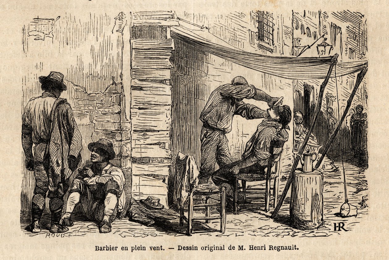 En frisør i vinden i Romas gater. Gravering for å illustrere reisen til Roma, av Francis Wey, i 1864-1868, publisert i "Le tour du monde, nouveau journal des voyages", under ledelse av Edouard Charton av Unknown artist