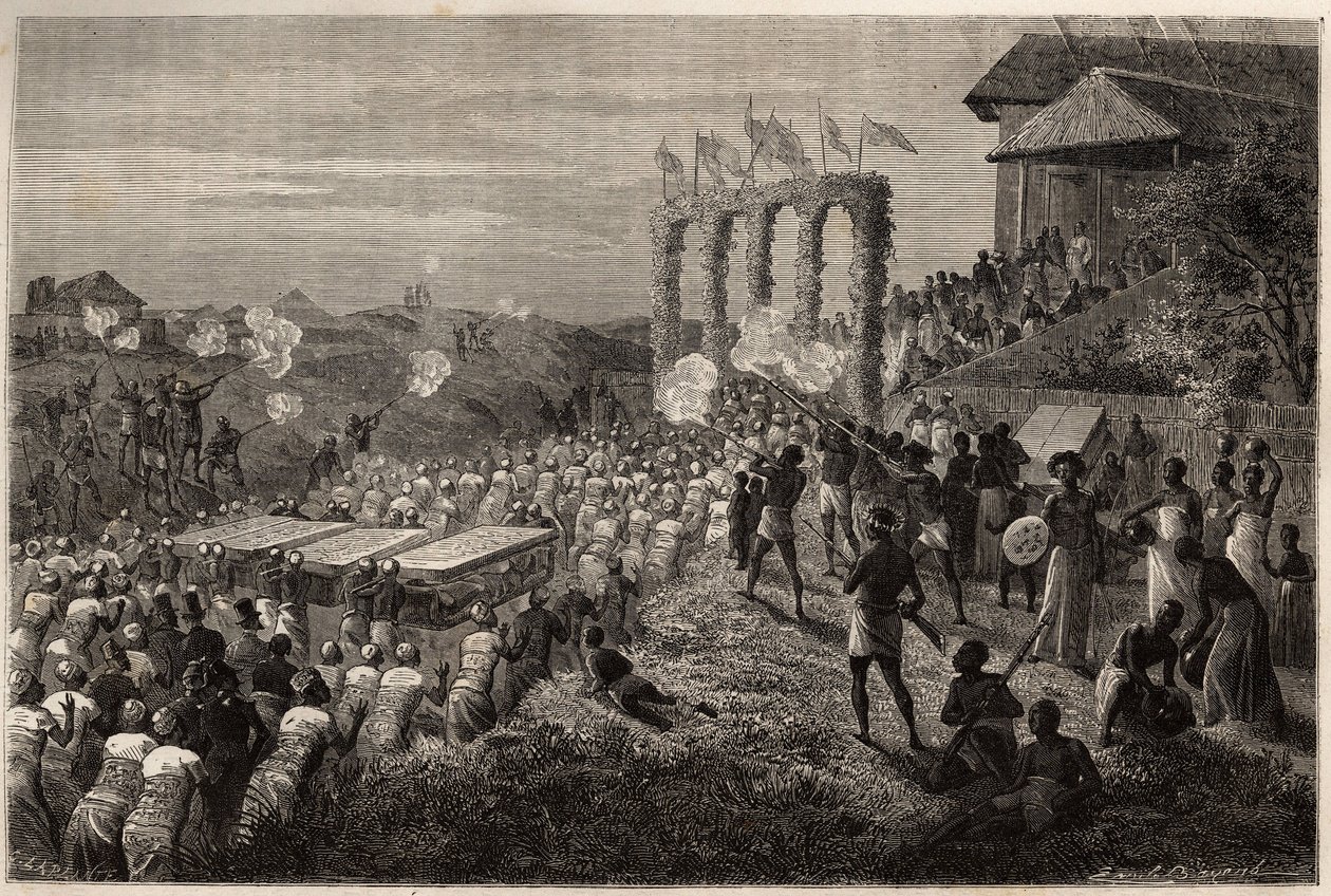 En brudekortege i Tete (Mosambik). Gravering for å illustrere Dr. Livingstones første reiser til Sør-Afrika fra 1840 til 1856, i «Le tour du monde, nouveau journal des voyages»» publisert under ledelse av Edouard Charton av Unknown artist