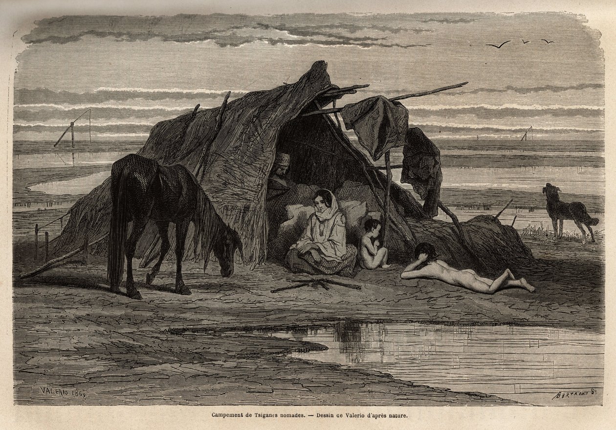 En leir av nomadiske sigøynere på slettene i Nord-Bosnia. Gravering for å illustrere minnene om reiser blant de sørlige slaverne, av Georges Perrot, i 1868, utgitt i "" Le tour du monde"" 1870-1871, redigert av Edouard Charton, utgave Hachette, Pari av Unknown artist