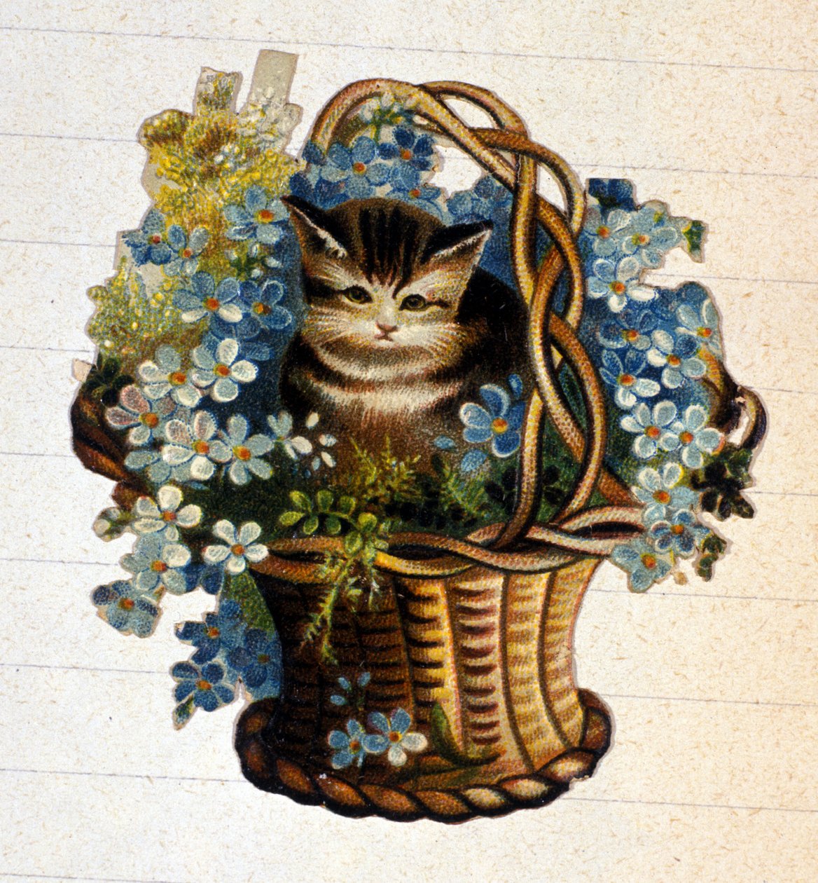 En katt i en kurv med blomster. 1800-talls kromolitografi. av Unknown artist