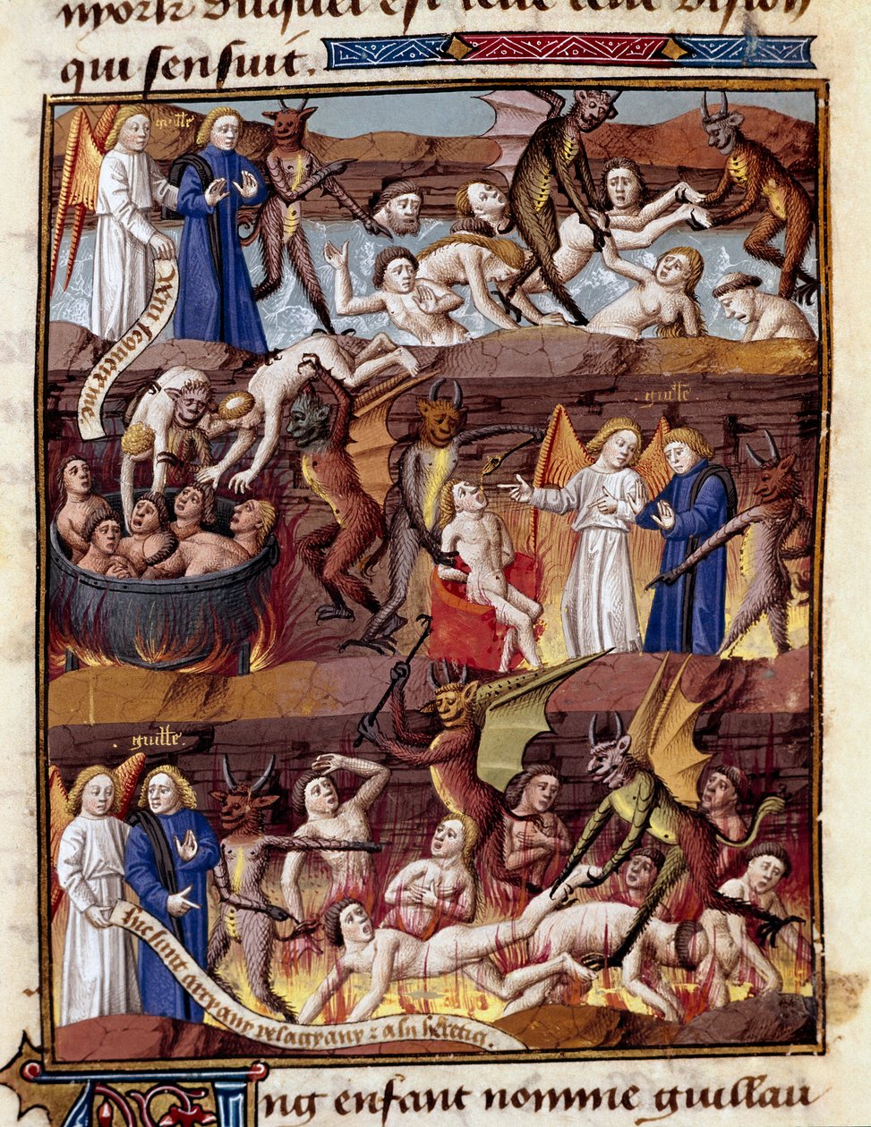 Et barn ved navn Guillaume observerer forbannelsens plager i Enfer Miniature i "" Le miroir historial"" (Speculum Historiale) (ms. 1196 fol. 408 r.) av Vincent de Beauvais (1190-1264) oversatt til fransk av Jean de Vignay av Unknown artist