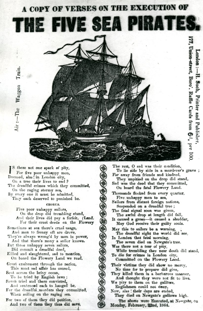 En kopi av vers om henrettelsen av de fem sjøpiratene, ca. 1864 av Unknown artist
