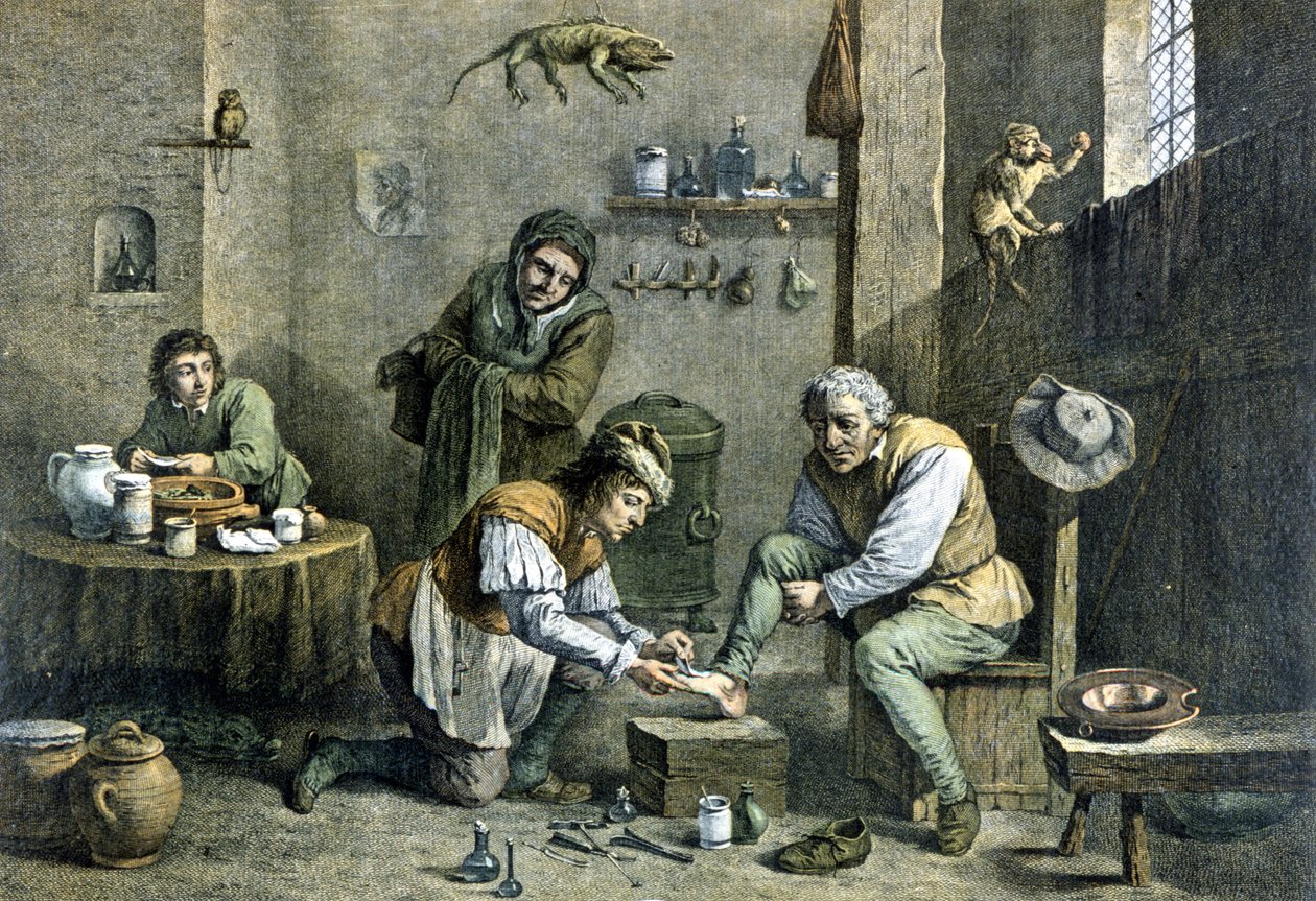 En landlege som tar seg av en av pasientene sine. av Unknown artist