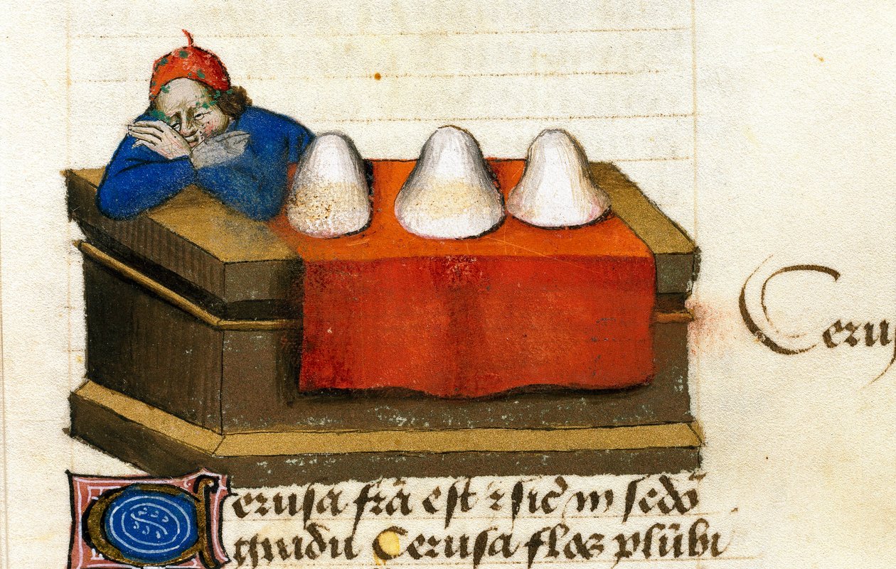 En hjorthandler, bruker til kosmetikk Beskrivelse av medisinplanter og hvordan de tilberedes. Manuskriptside “” Godbiter på urter”” (Tractatus de herbis) av Pedanius Dioscorides (Dioscorides) (40-90 e.Kr.) Lat.1152 av Unknown artist