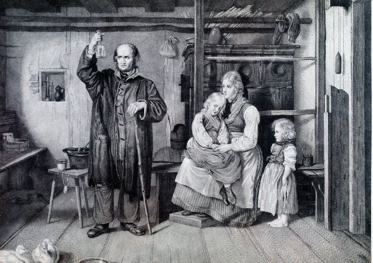 En lege som undersøkte en flaske, sannsynligvis et hetteglass med urin, under et besøk hos en mor og hennes to barn som lever i fattigdom (gravering) av Unknown artist