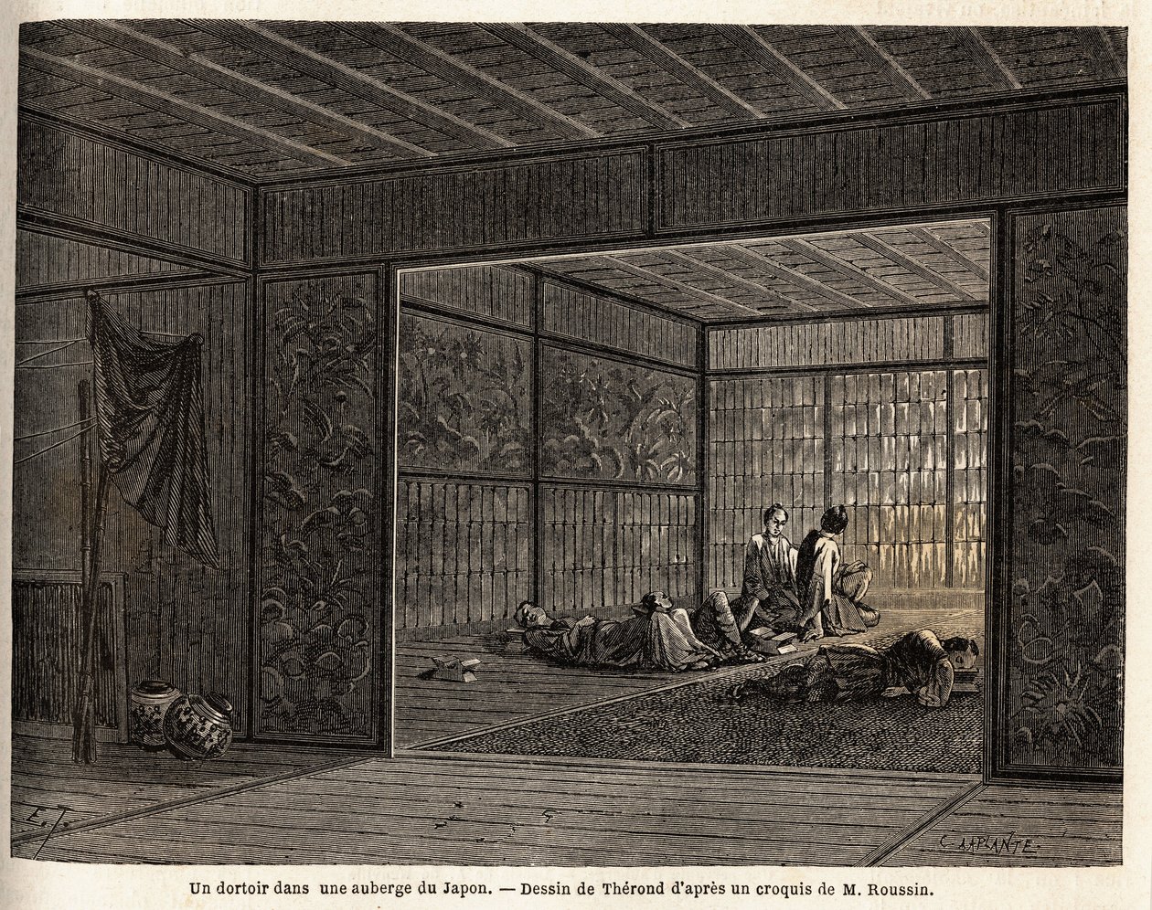 En sovesal på et vertshus i Japan. Gravering for å illustrere reisen til Japan i 1863-1864, av Aime Humbert, minister for det sveitsiske konføderasjonen, i "Le tour du monde, nouveau journal des voyages", utgitt under ledelse av Edouard Charton av Unknown artist