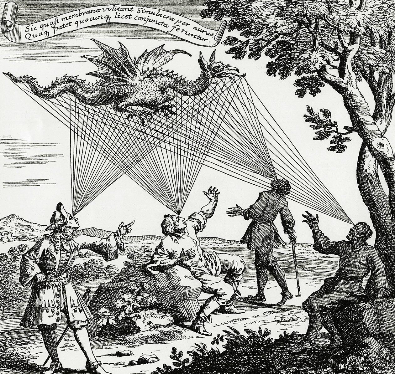 En drage sett fra forskjellige synsvinkler, basert på en kobbergravering av Zahns "Oculus artificialis teledioptricus". av Unknown artist