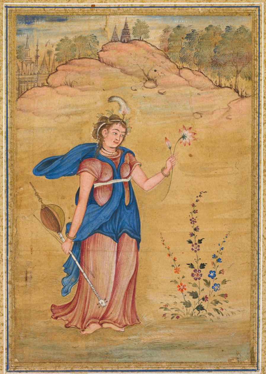 En kvinneskikkelse som står i et landskap og holder en firstrenget "khuuchir" og en lotus av Unknown artist