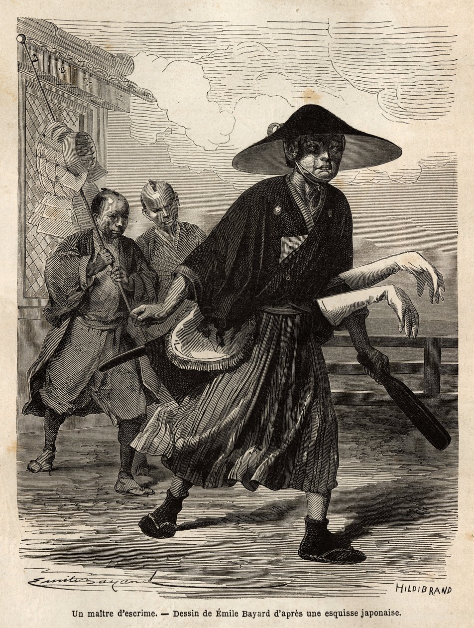En fektemester, etterfulgt av to hjelpere som bærer materialet hans, skyver mesteren sine hvite hansker over ermene på sverdene. Gravering for å illustrere reisen til Japan, i 1863-1864, av Aime Humbert, minister for det sveitsiske konføderasjonen, i "" Le av Unknown artist