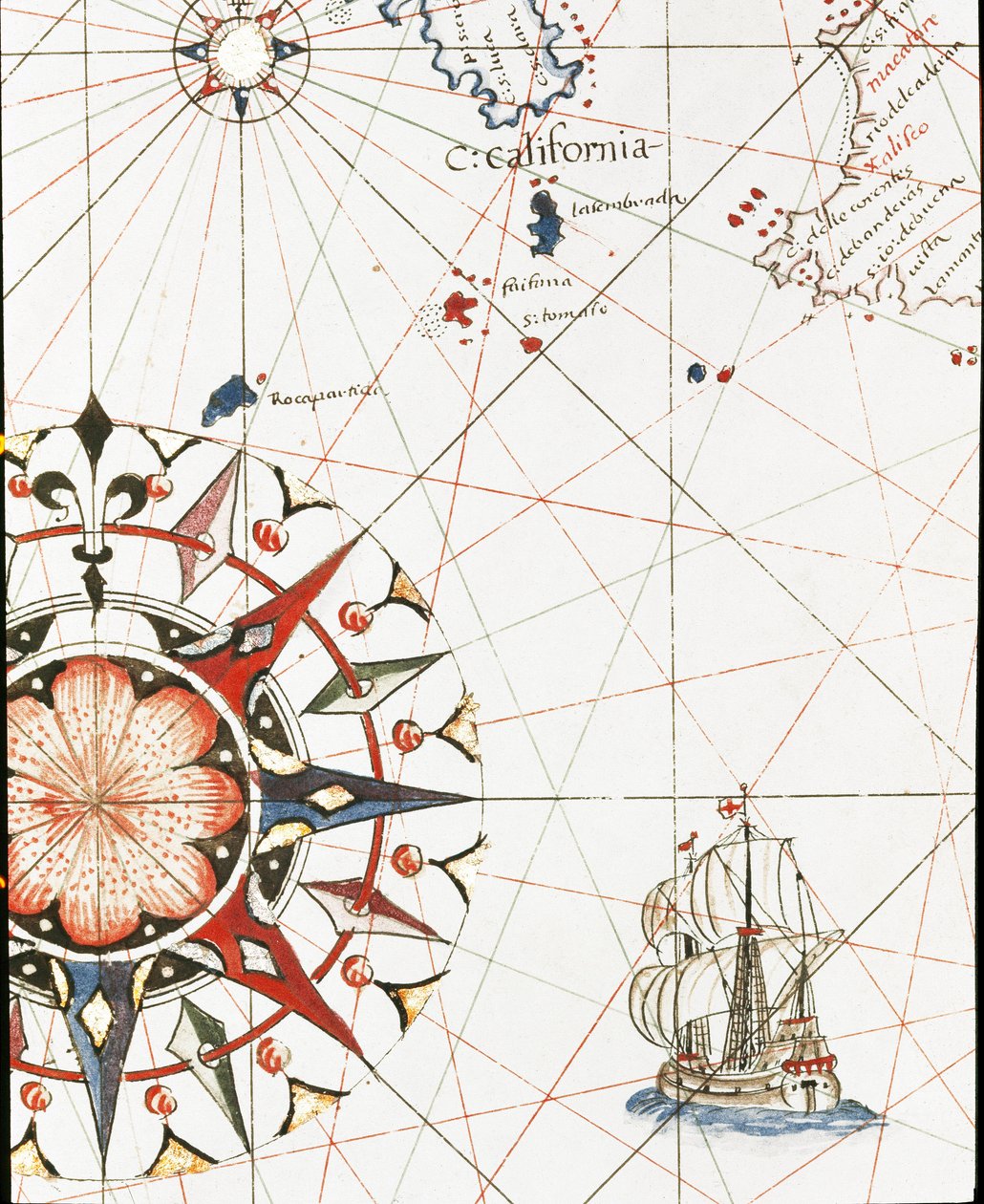 En gallion som seiler utenfor kysten av California (Detalj av portulan av Castellini av Unknown artist