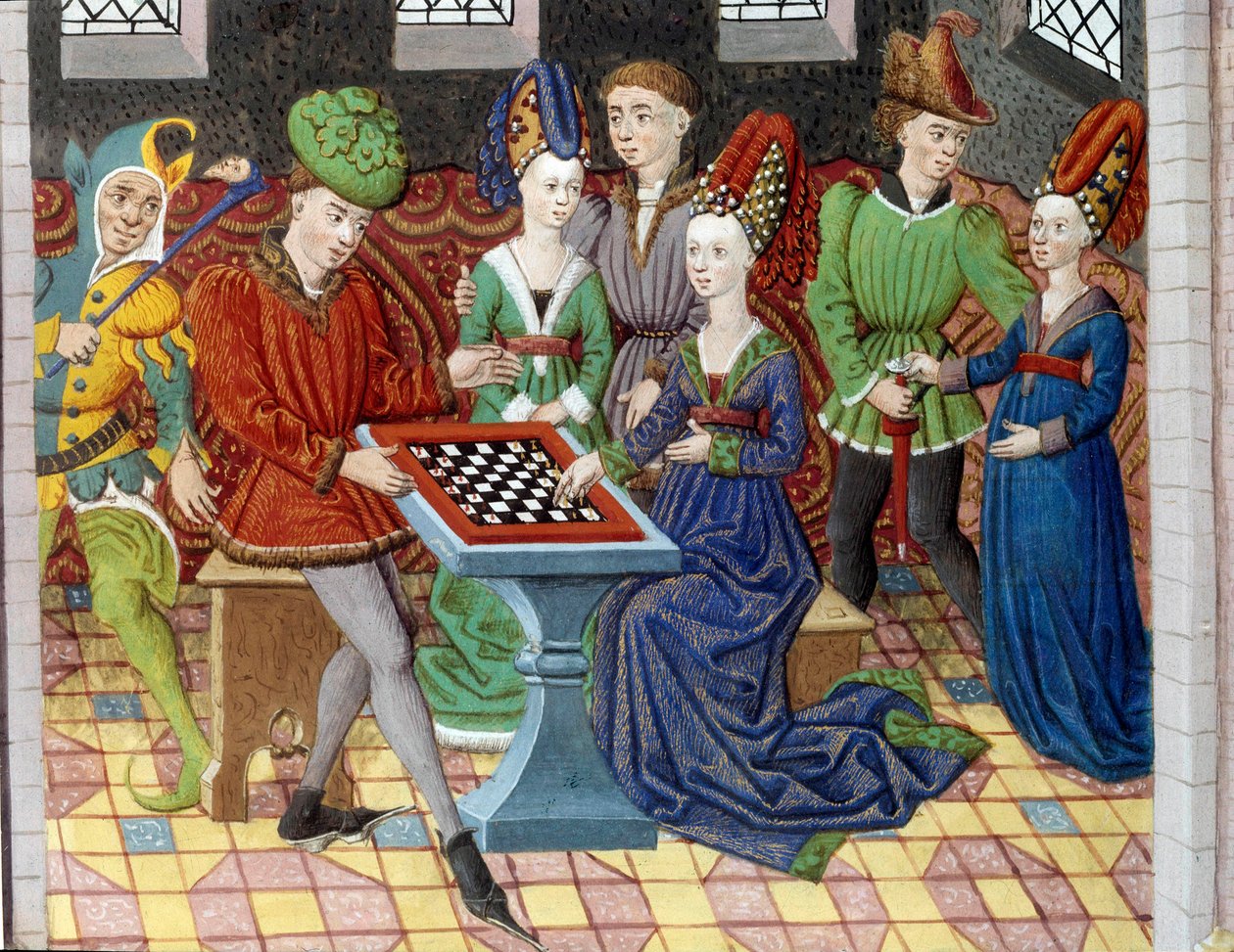 Et parti sjakk mellom to hoffmenn i rommet til et slott. Miniatyr hentet fra "" History of Alexander the Great"" (eller Alexander III of Macedon (356-323 f.Kr.)) av Unknown artist