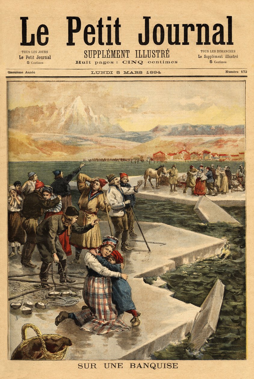 En enorm isblokk bryter fra fastlandet ved Helsingfors (sørlige Finskebukta), og tar over 500 mennesker og 20 hester ut i åpent hav. Gravering i "" Le petit journal"" 5/03/1894. Selvas samling. av Unknown artist