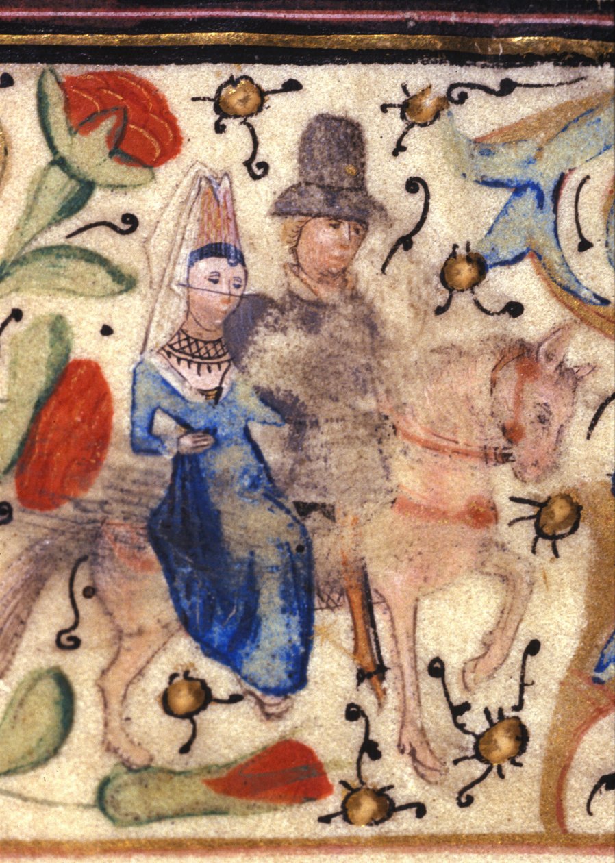 En ridder og hans dame: Fransk belysning fra 1300-tallet fra et manuskript av Petrarch (Francesco Petrarca). Biblioteca comunale di Rimini. av Unknown artist