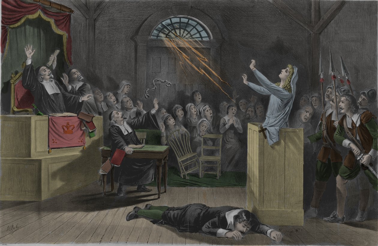 Et lyn brenner lenkene til en heks under rettssakene hennes i Salem. av Unknown artist
