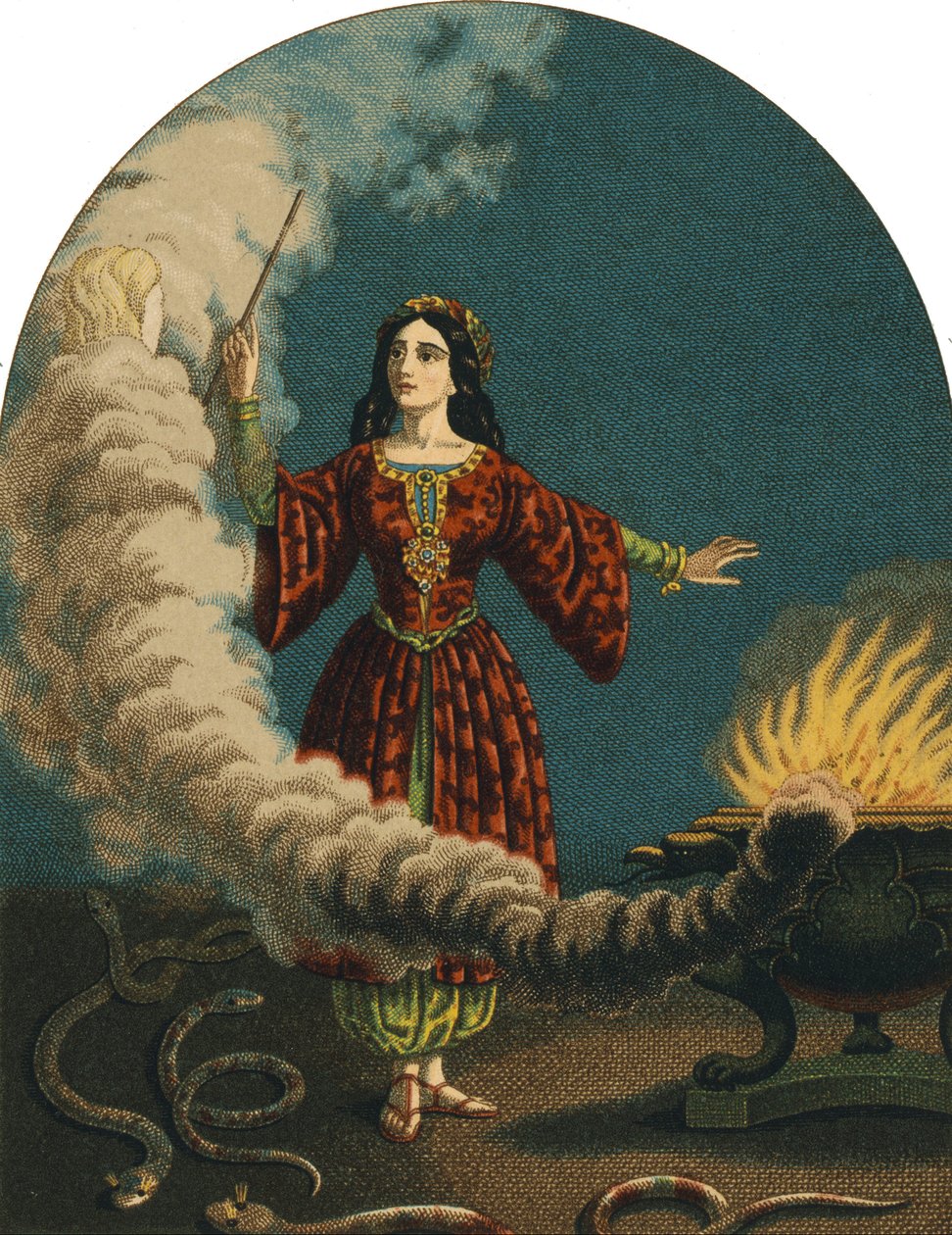 En tryllekunstner (heks) som forbereder sortileges med en tryllestav, en gryte og slanger. Gravering fra 1852 av Unknown artist