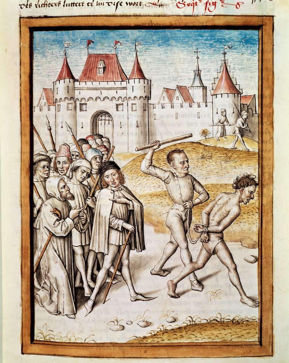 En mann blir ført til miniatyrpine fra en tysk oversettelse av Bidpais fabler "Kalila (Calila) og Dimna". (ms. 1389, fol. 16) rundt 1480 Chantilly, musee Conde av Unknown artist