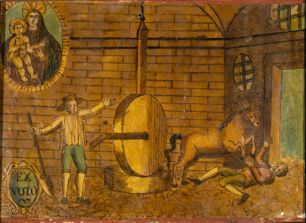 En mann styrtet av en hest, ex voto fra slutten av 1700-tallet. av Unknown artist