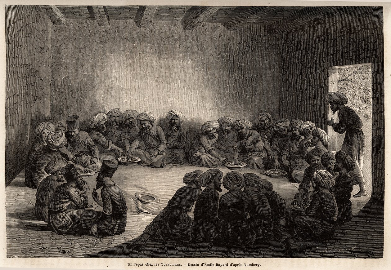 Et måltid på Turkomans (Irak). Tegning av Emile Bayard (1837-1891), for å illustrere reisen til Sentral-Asia, i 1863, av Arminius Vambery (ungarsk vitenskapsmann forkledning i dervisj). Gravering i "" Le tour du monde"", redigert av Edouard Charton av Unknown artist