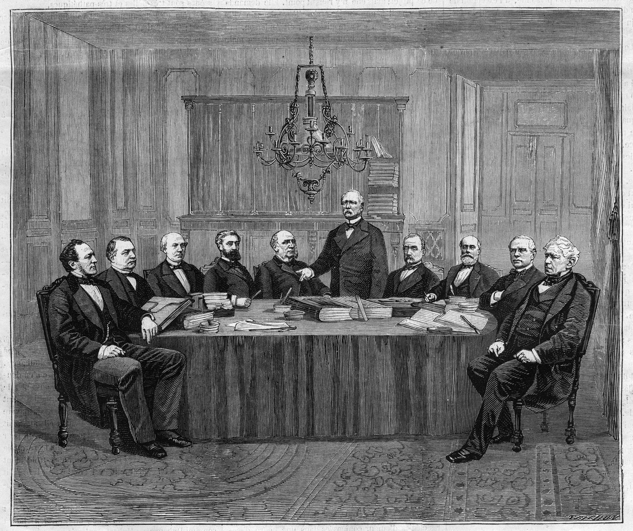A meeting of the Council of Ministers in Versailles. From left to right: Louis Buffet (1818-1898), Minister of the Interior; Leon Say (1826-1896), Minister of Finance; Henri Wallon (1812-1904), Minister of Public Instruction, Worship and Fine Arts; Alfred  av Unknown artist