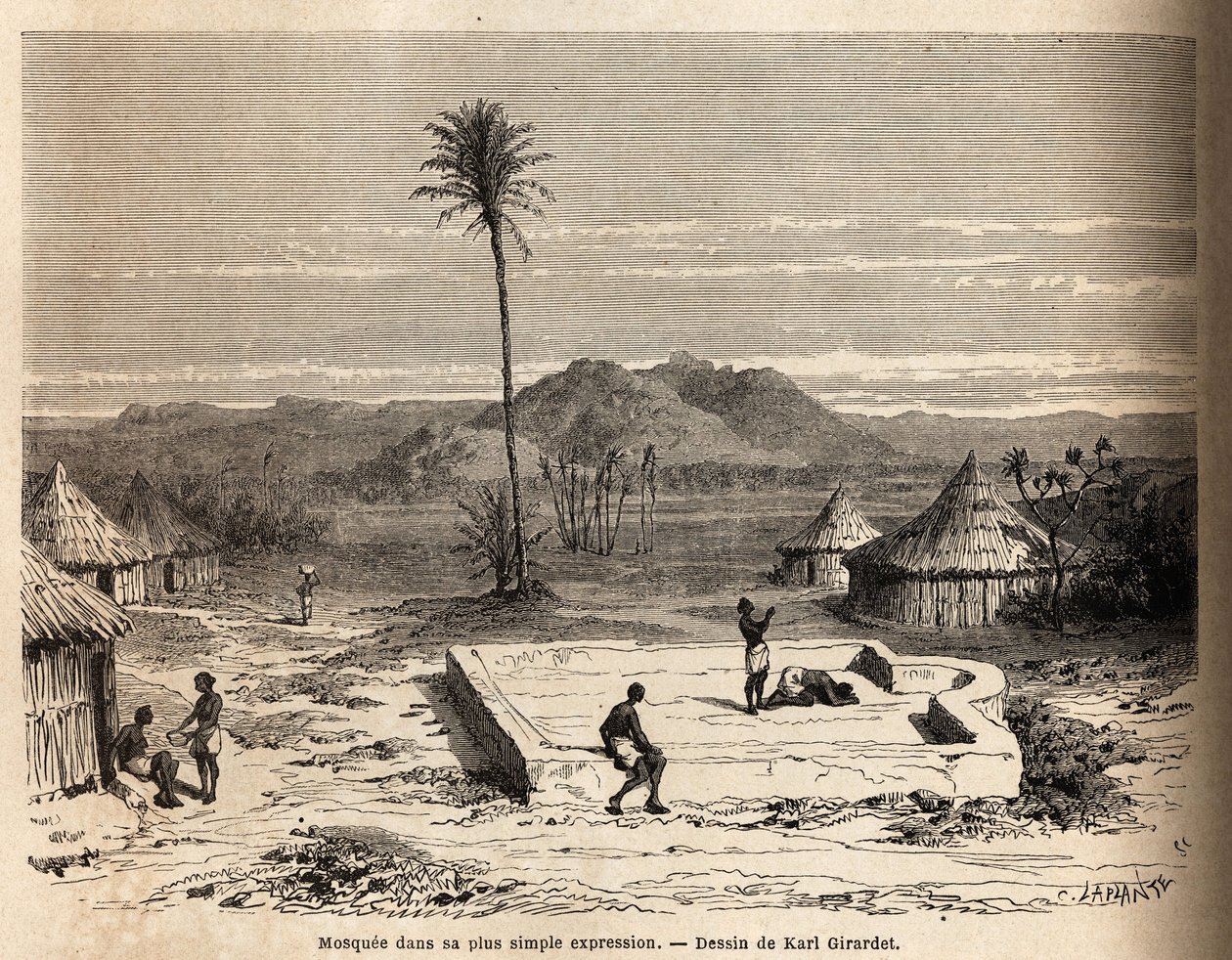 En moské i sitt enkleste uttrykk, i en landsby nær Abu Hamed, ved bredden av Nilen. Gravering for å illustrere turen til det østlige Sudan, i 1848-1860, av M. Tremmeaux, i "Le tour du monde, nouveau journal des voyages", utgitt under direkte av Unknown artist