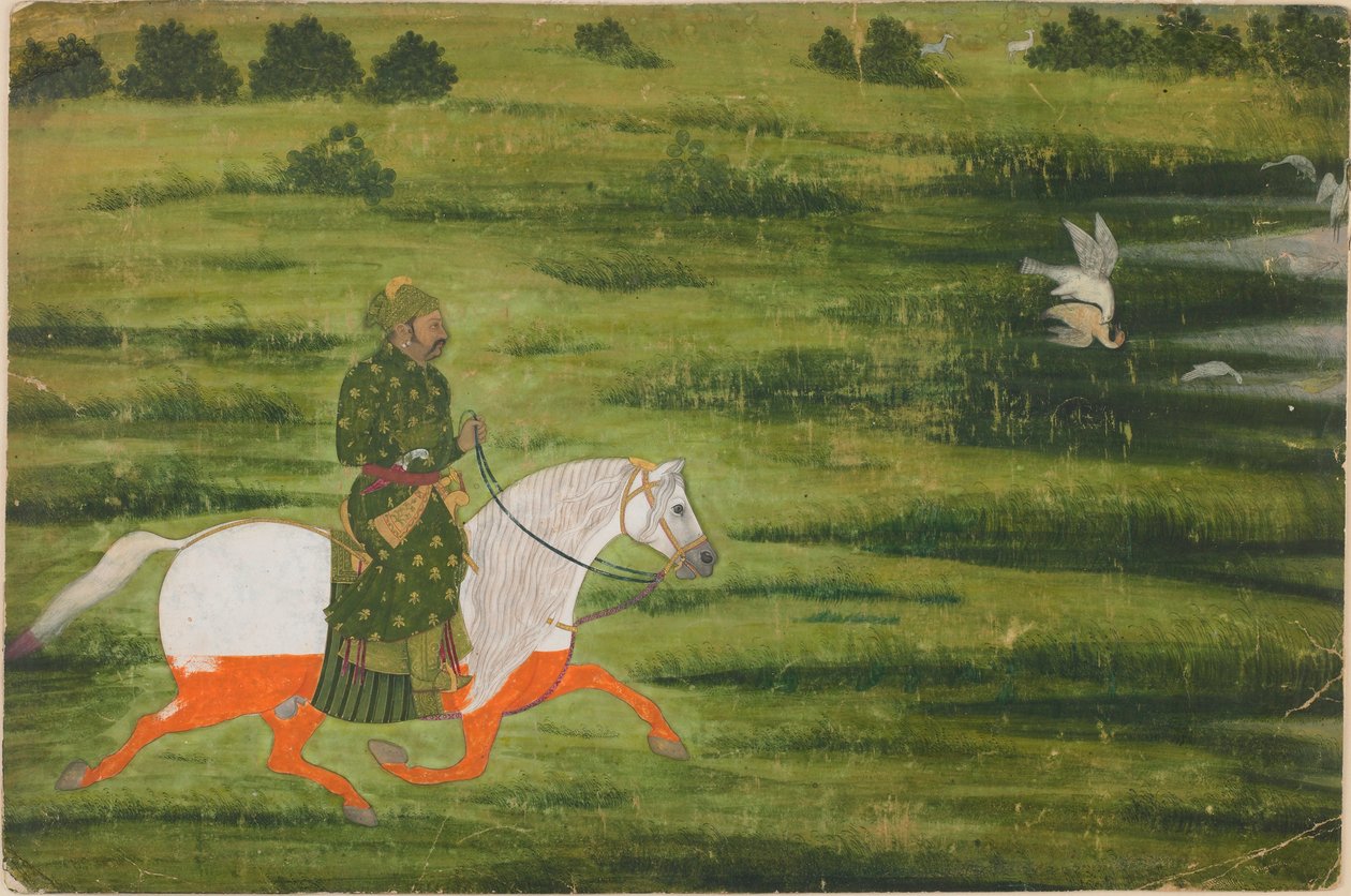 En ridende mann som jakter på fugler med en falk av Unknown artist